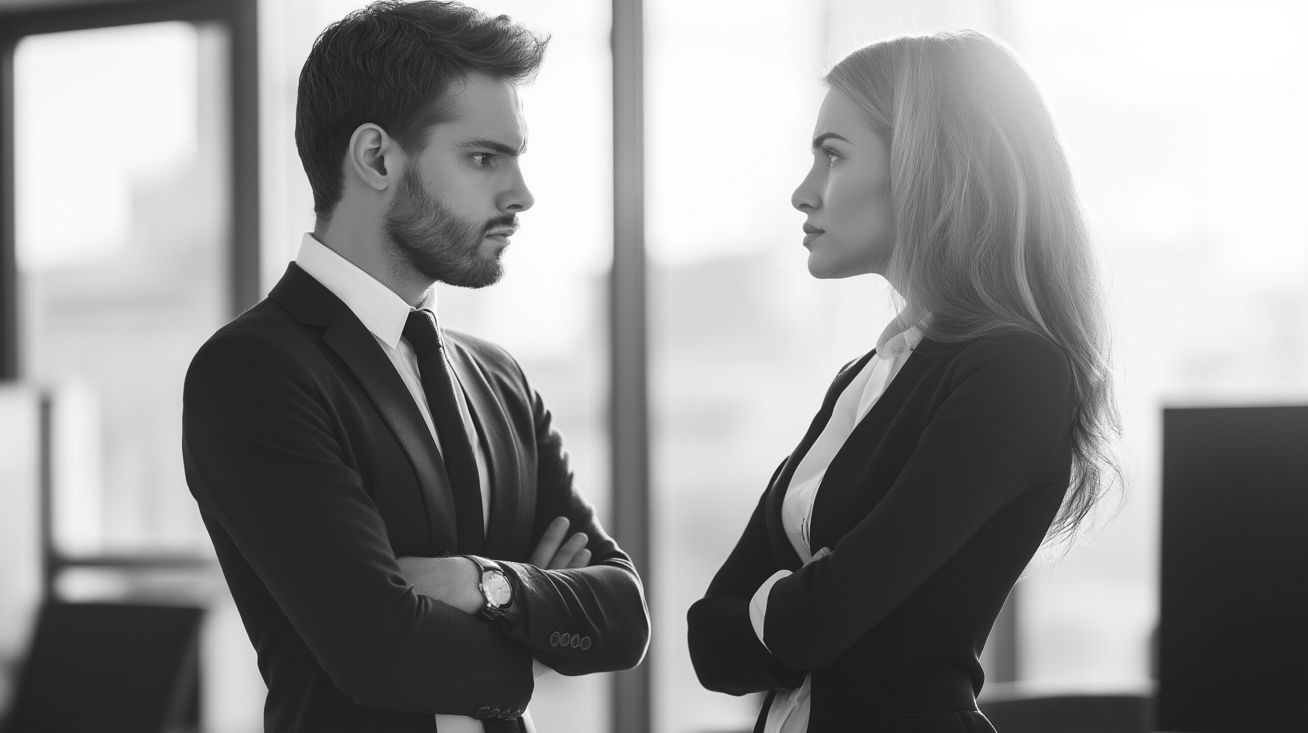 Black-and-white image of a man and woman in business attire facing each other with arms crossed, symbolizing workplace tension or disagreement