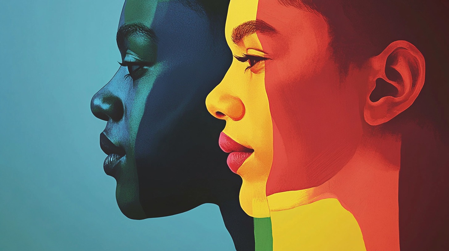 Artistic illustration of two human profiles in bold, colorful segments against a gradient background