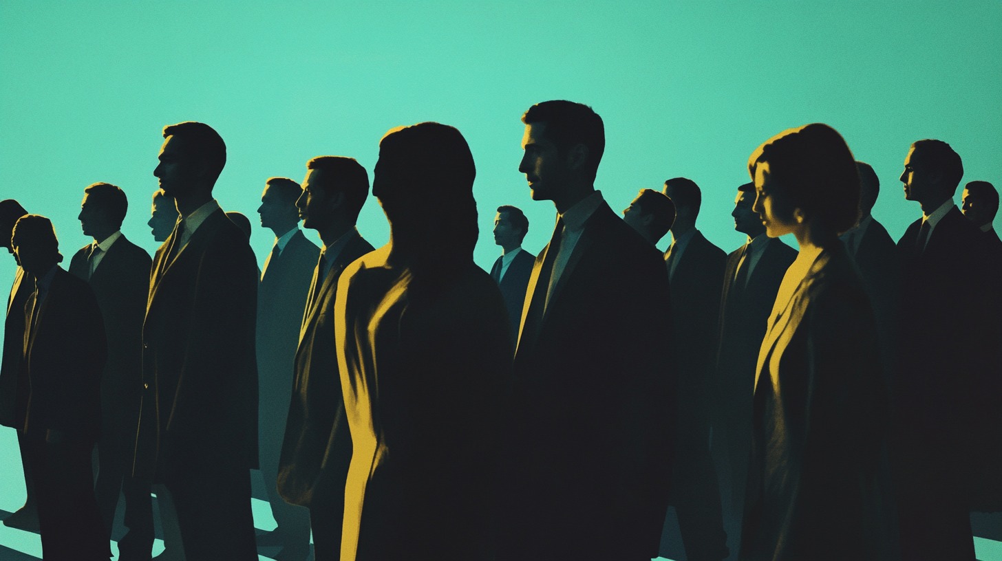 Silhouetted group of professionals standing against a teal background, symbolizing workplace diversity and collaboration