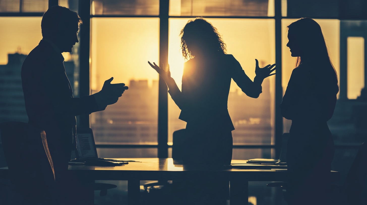 Silhouettes of three people in a workplace setting having a heated discussion with sunlight streaming through a large window