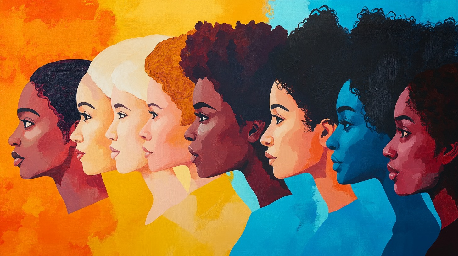 Colorful illustration of women from diverse ethnic backgrounds aligned side by side, symbolizing unity and diversity