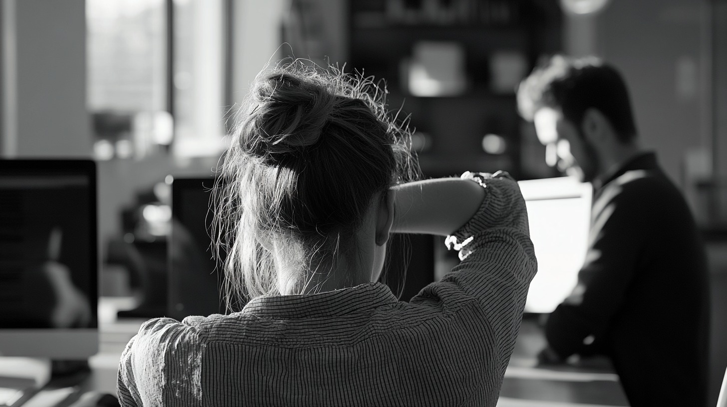 Black-and-white image of a woman sitting at a desk in an office with her back turned, appearing stressed, with a man working in the background