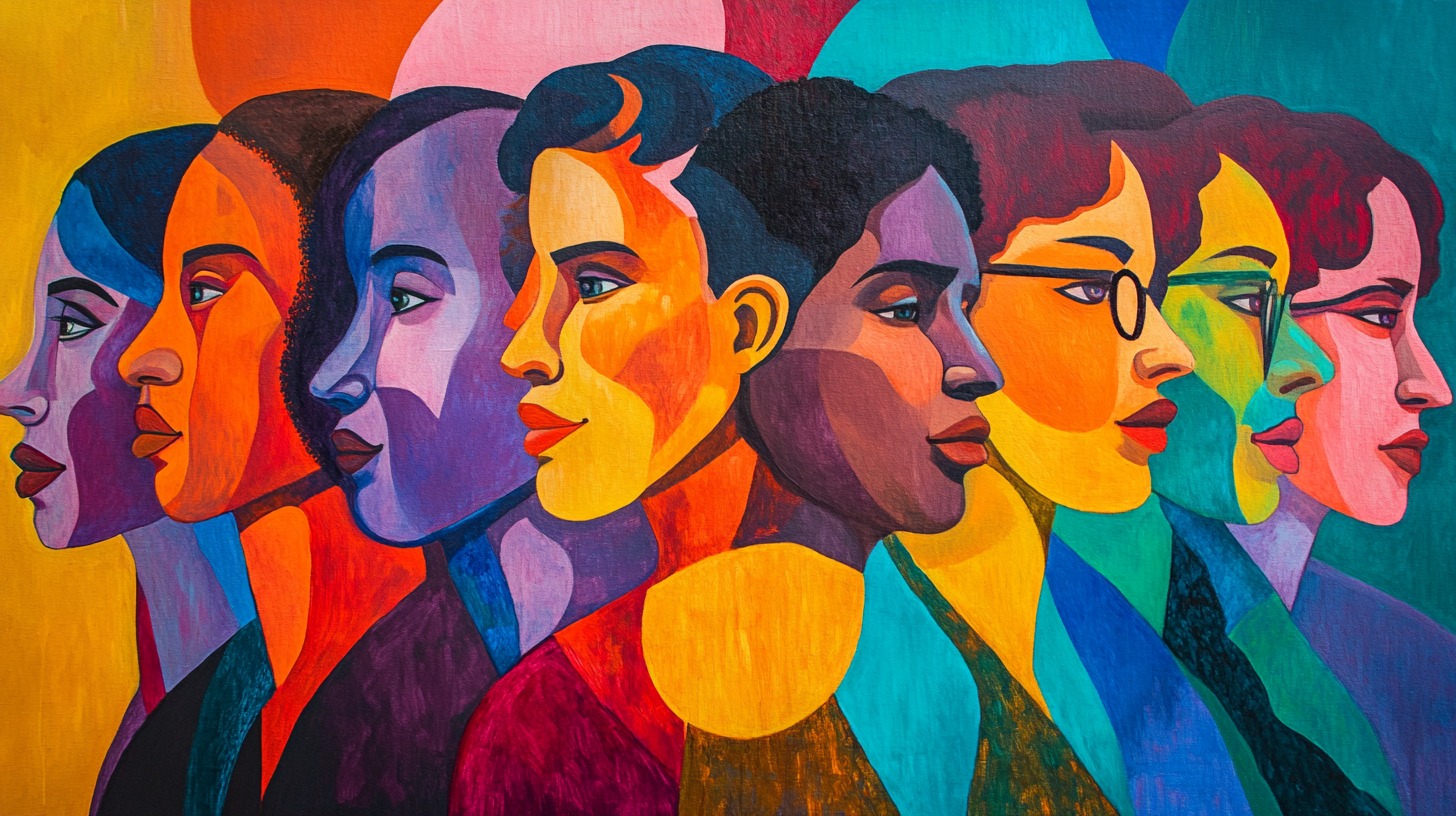 Vibrant artwork of diverse individuals in profile, showcasing unity and equality through colorful expressions