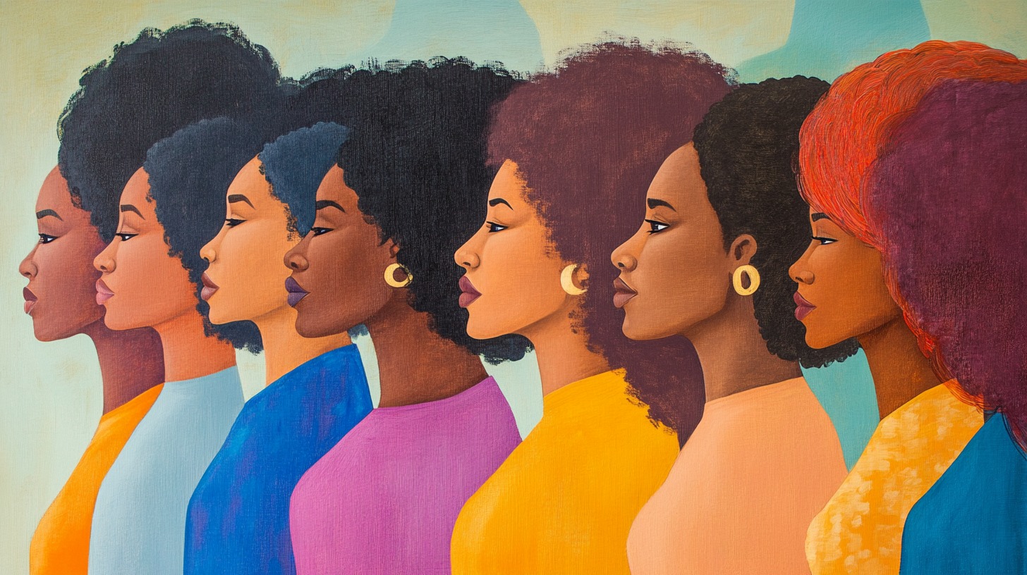 Illustration of diverse Black women in profile, standing together in unity, wearing vibrant outfits and showcasing natural hairstyles