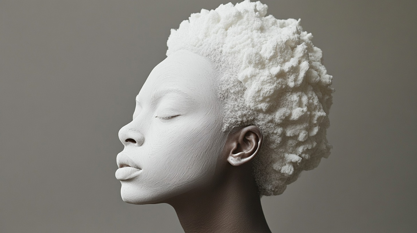 Portrait of a person with textured white-painted skin and hair, evoking themes of identity and self-expression