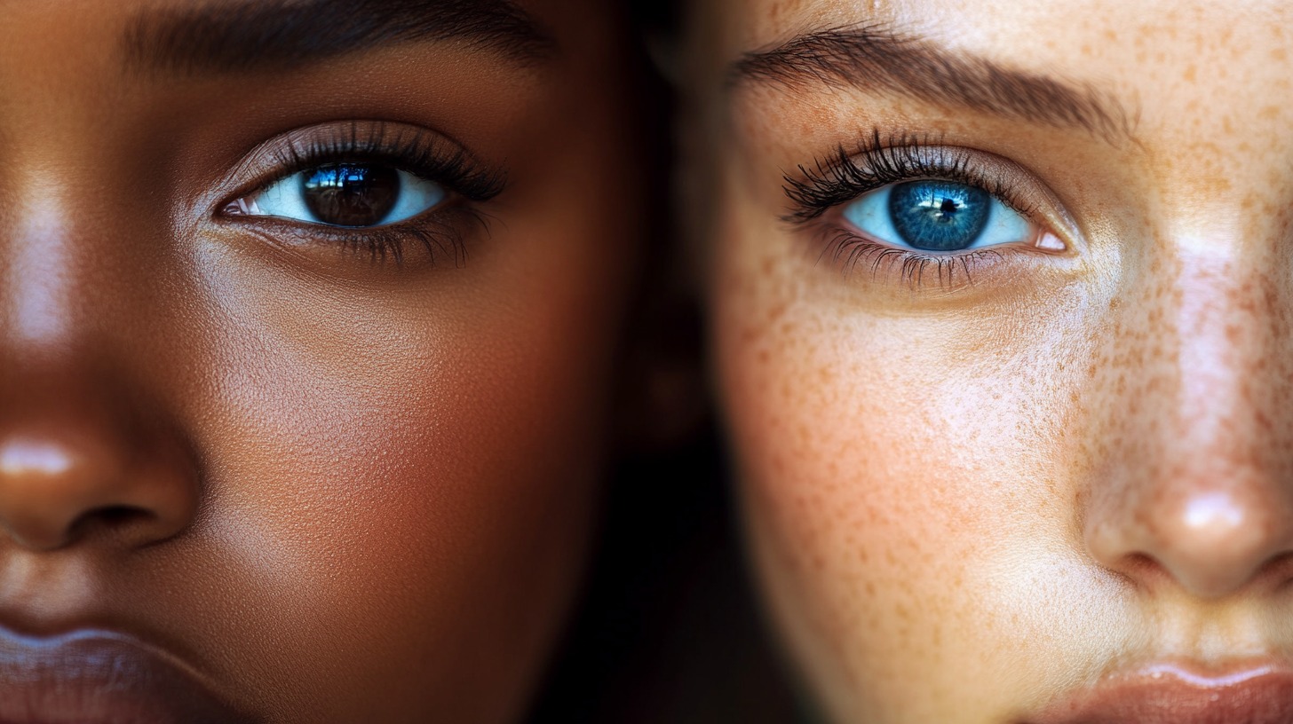 Close-up of two faces, one with dark skin and brown eyes and the other with light skin, freckles, and blue eyes, emphasizing diversity and beauty