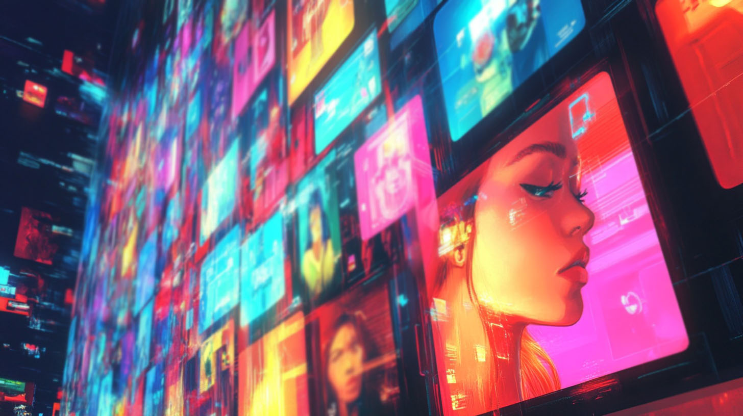 Digital artwork of a woman in profile surrounded by vibrant screens displaying various social media content, representing the dynamic and multifaceted nature of online spaces