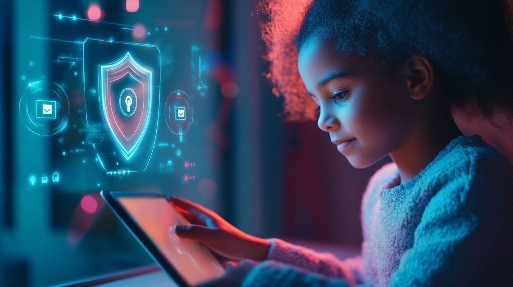 Child using a tablet with with symbols of security like lock in the background