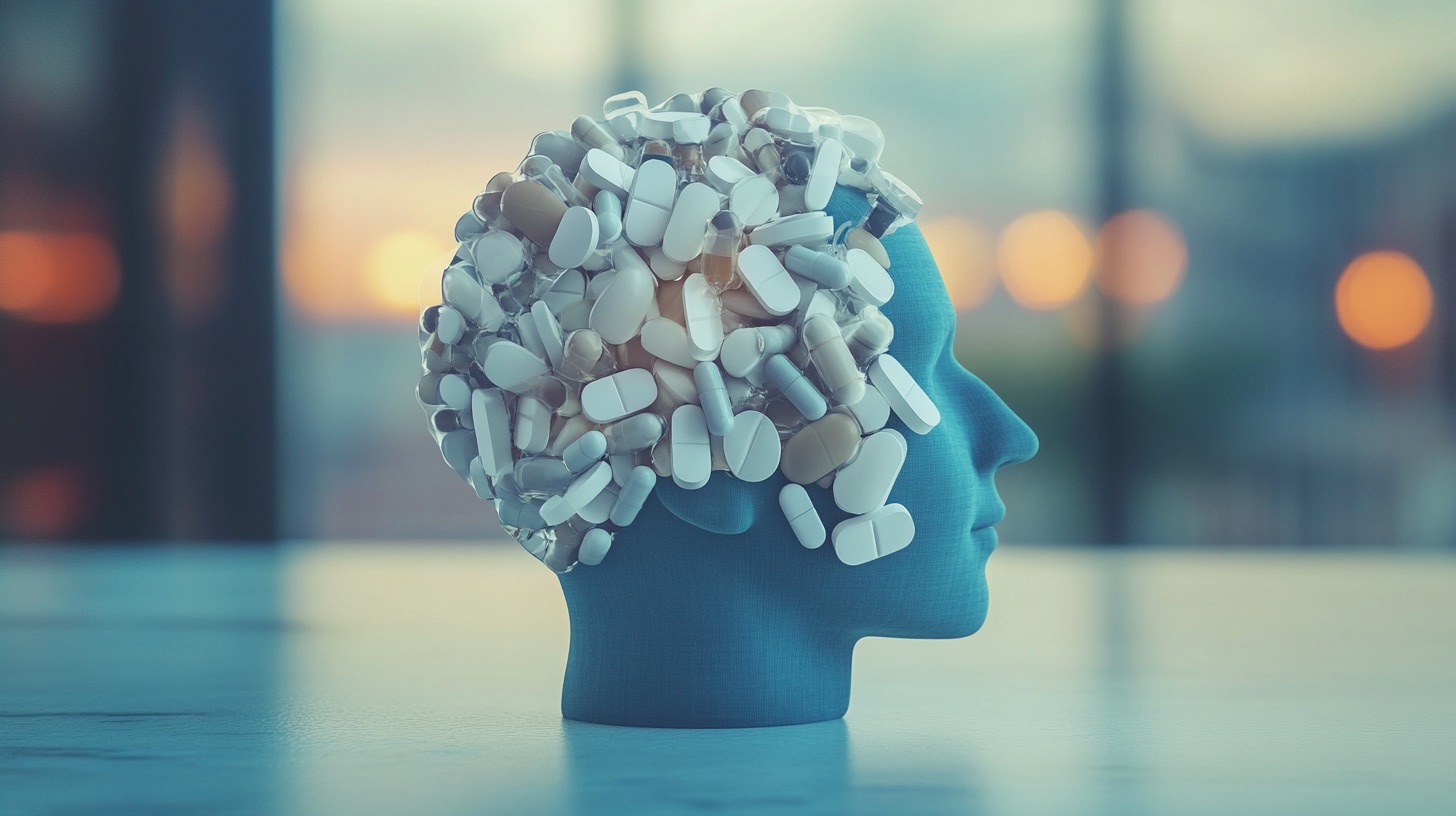 A blue head sculpture filled with various white and beige pills, symbolizing the connection between mental health and medication