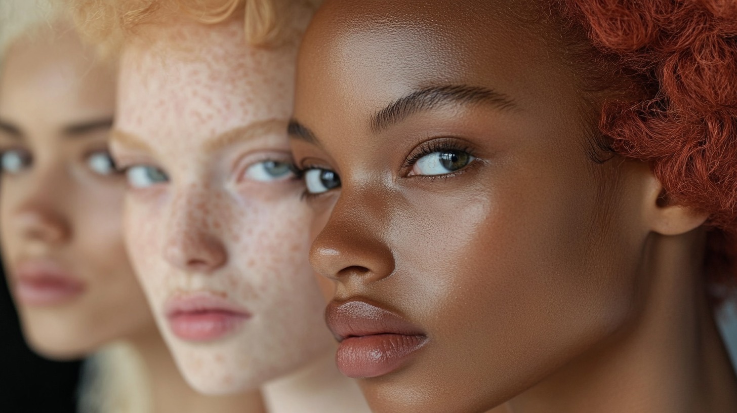 Three women of different skin tones and features, showcasing beauty in diversity