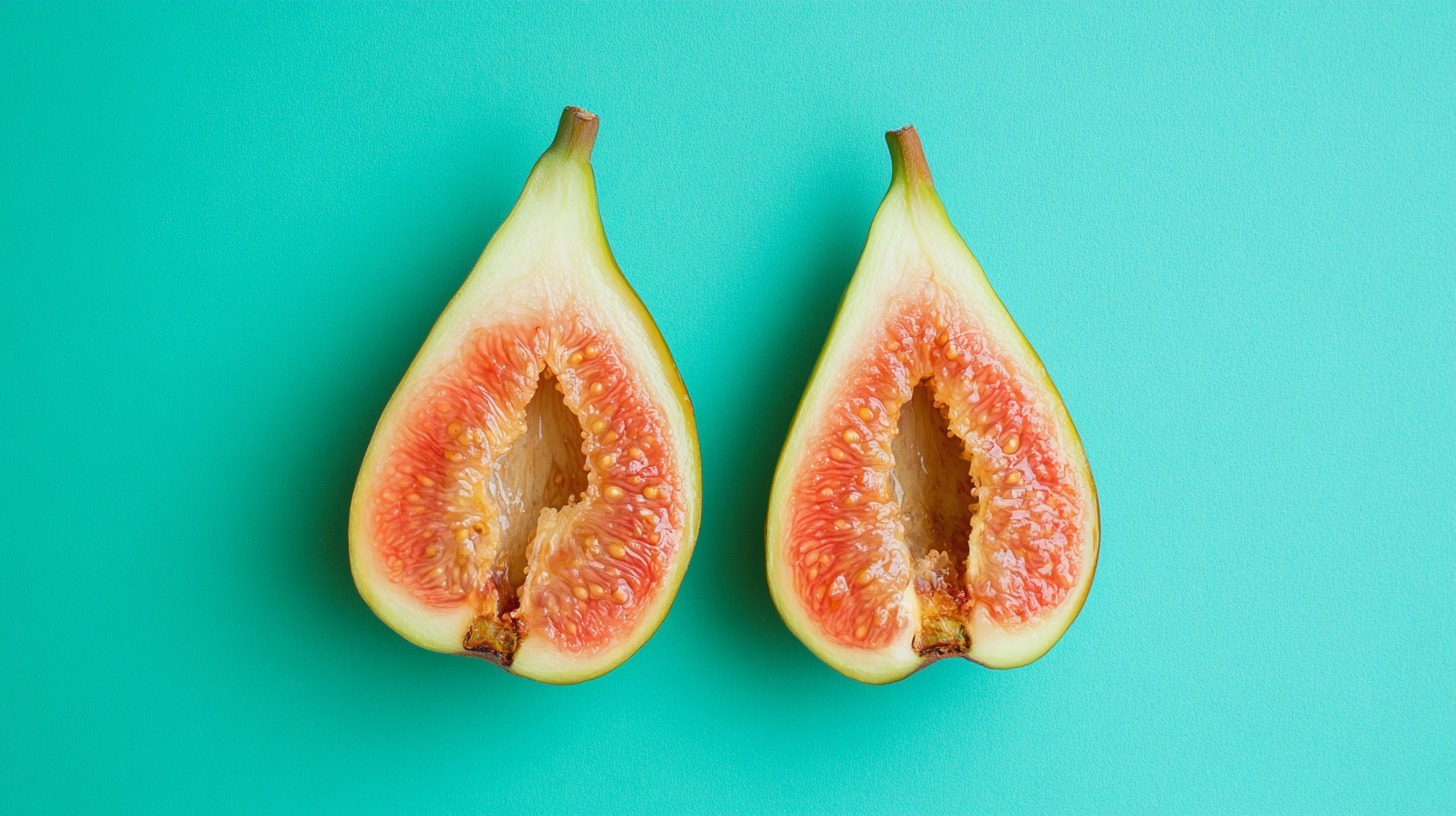 Two fig halves placed side by side on a turquoise background, symbolizing openness and awareness