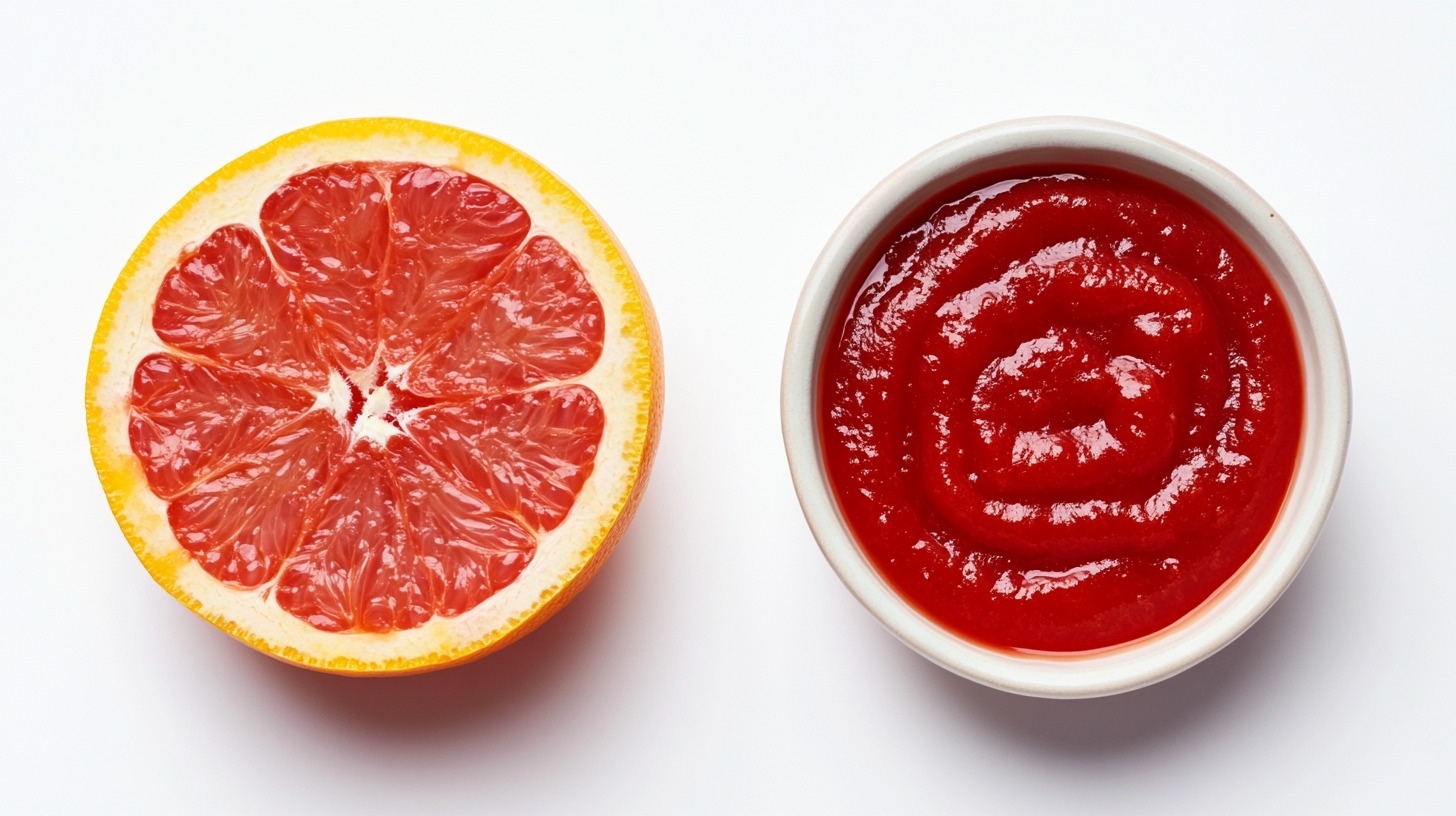 A grapefruit half next to a small bowl of red sauce on a white background, symbolizing menstruation awareness