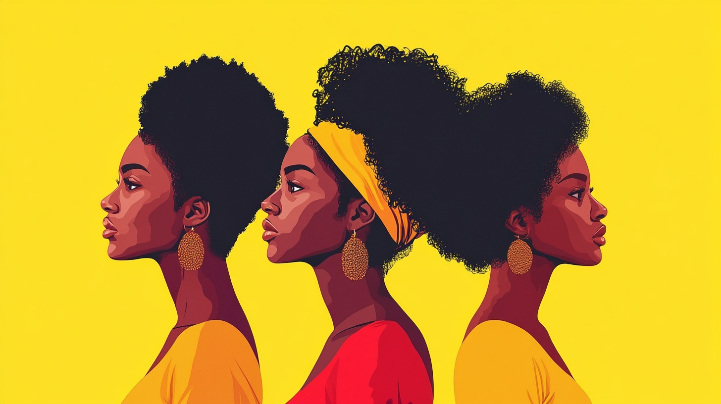 An illustration of three Black women in profile, each with different natural hairstyles and wearing vibrant outfits, set against a bright yellow background