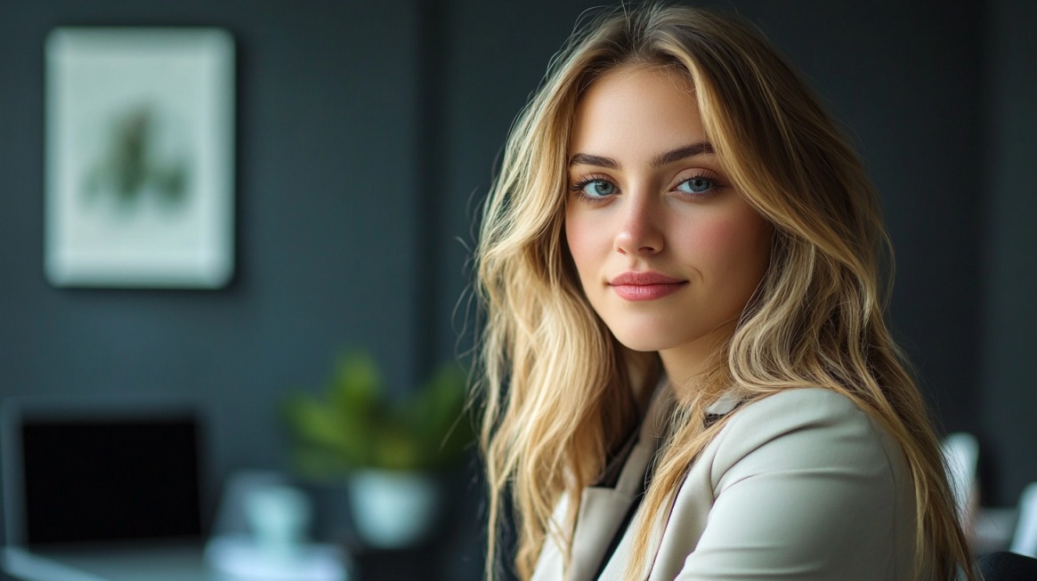 Professional woman with long blonde hair wearing a blazer, smiling in a modern office setting