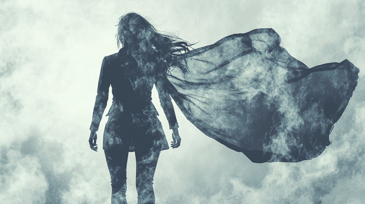 Silhouette of a woman with flowing hair and a billowing cape, standing in misty surroundings