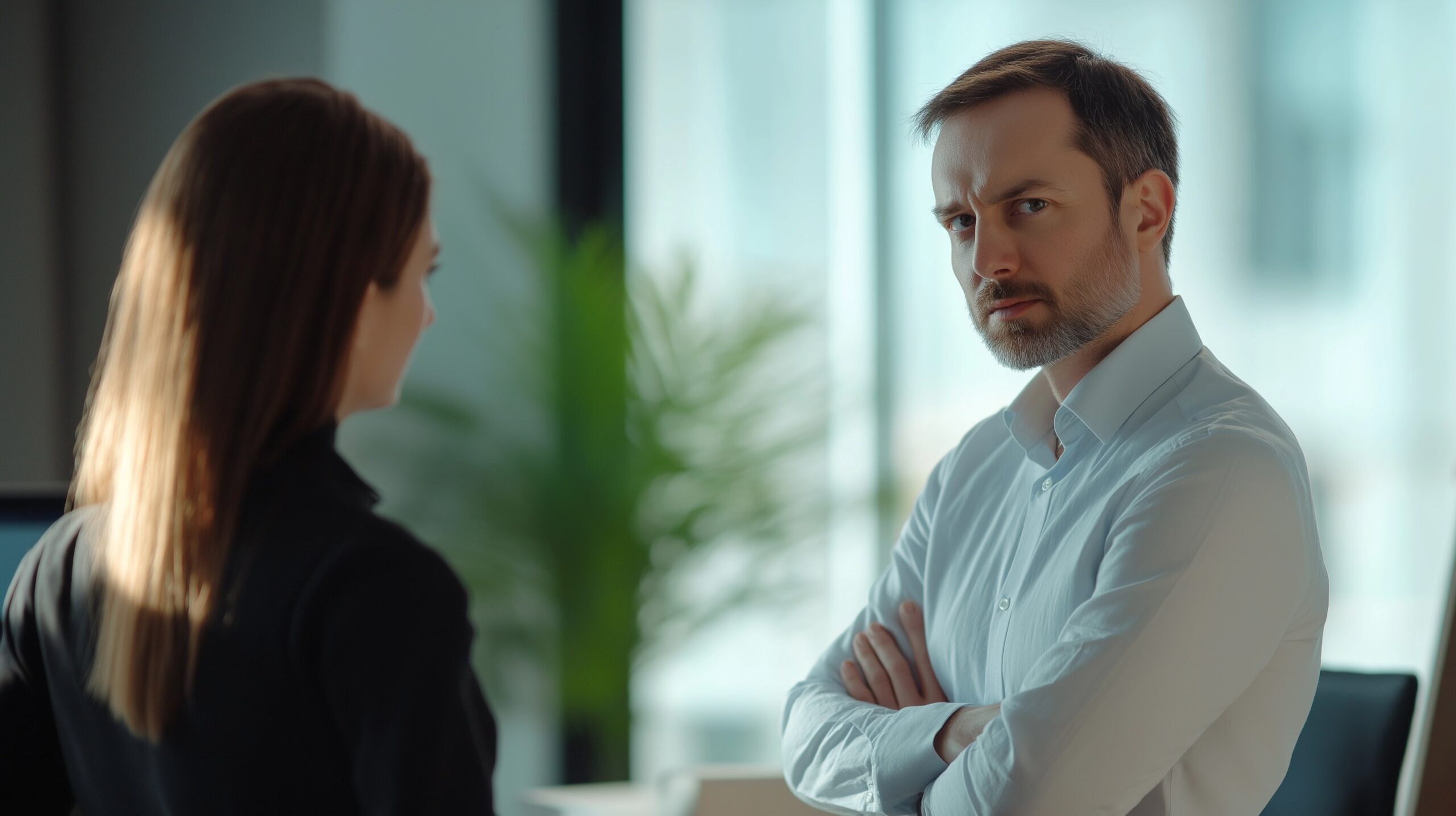 A serious-looking man in a white shirt crosses his arms while facing a woman in a black outfit in a professional office setting