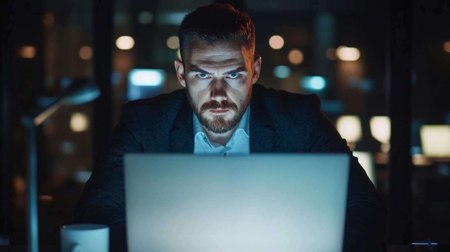 A serious-looking man in a dark office staring intently at a laptop screen, symbolizing cyber harassment