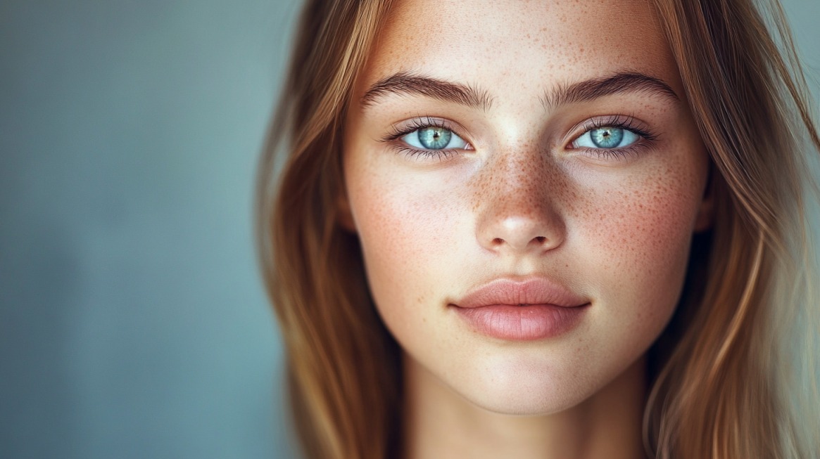 Close-up of a young woman with blue eyes, freckles, and natural makeup against a soft background