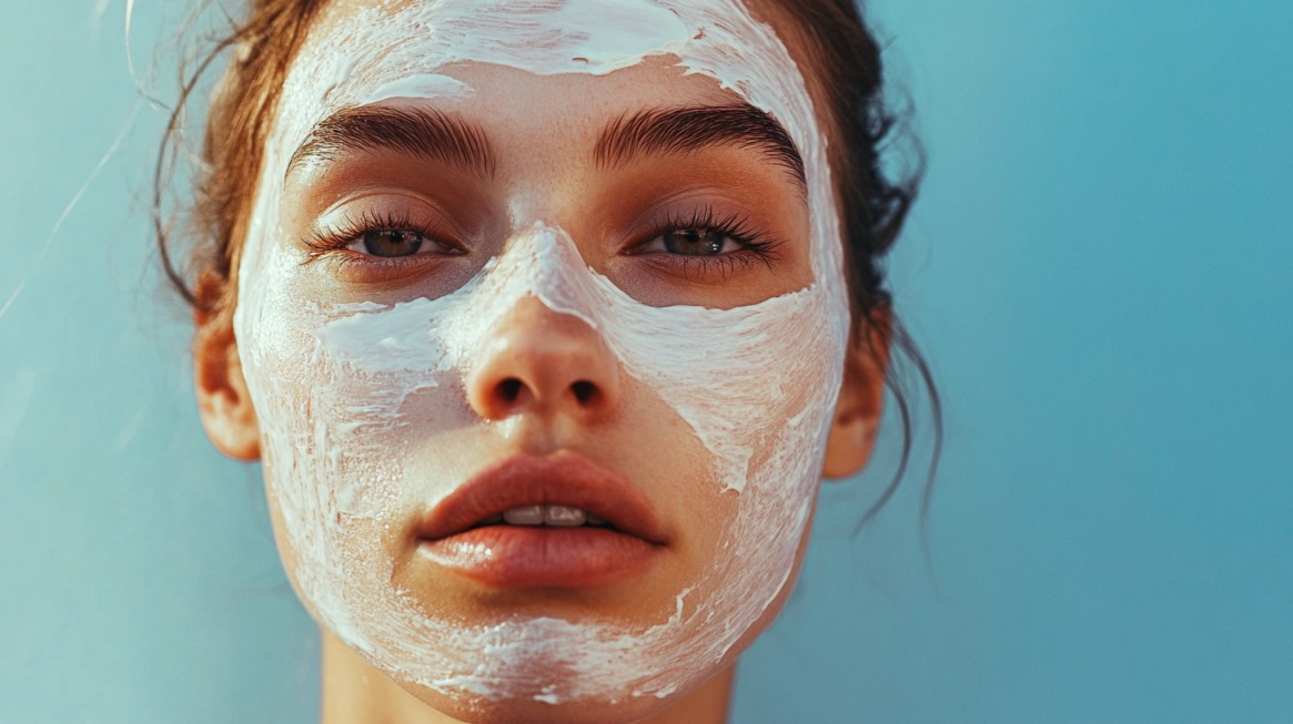 Close-up of a woman with a white facial mask on her face against a soft blue background