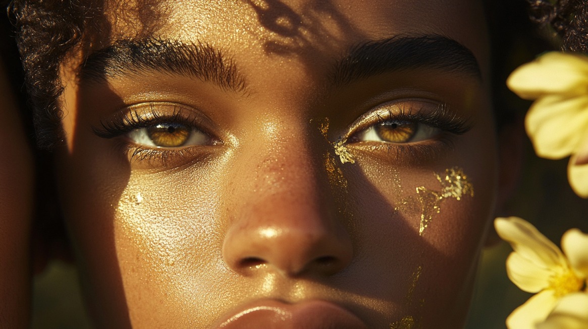 Close-up of a woman with radiant golden skin, striking amber eyes, and gold leaf accents on her face, surrounded by yellow flowers