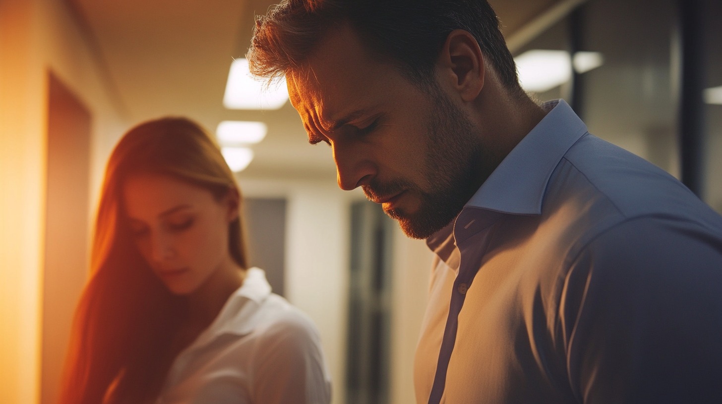 A concerned man in a blue shirt looks downward with a serious expression, while a woman in a white blouse stands in the background, both appearing distressed in a dimly lit office hallway