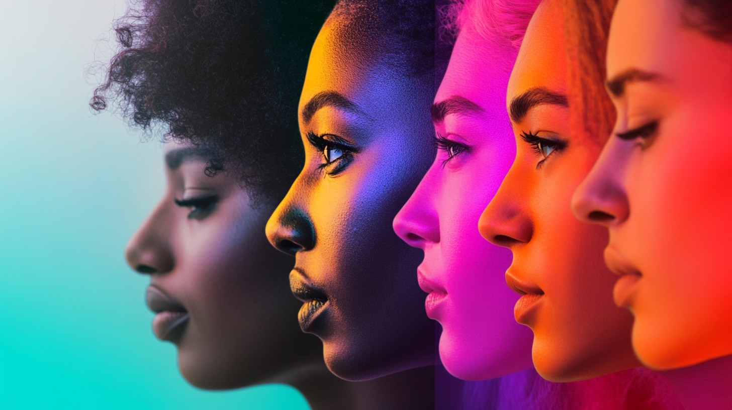 A vibrant, artistic side profile of five diverse women in a colorful gradient, symbolizing diversity and inclusion