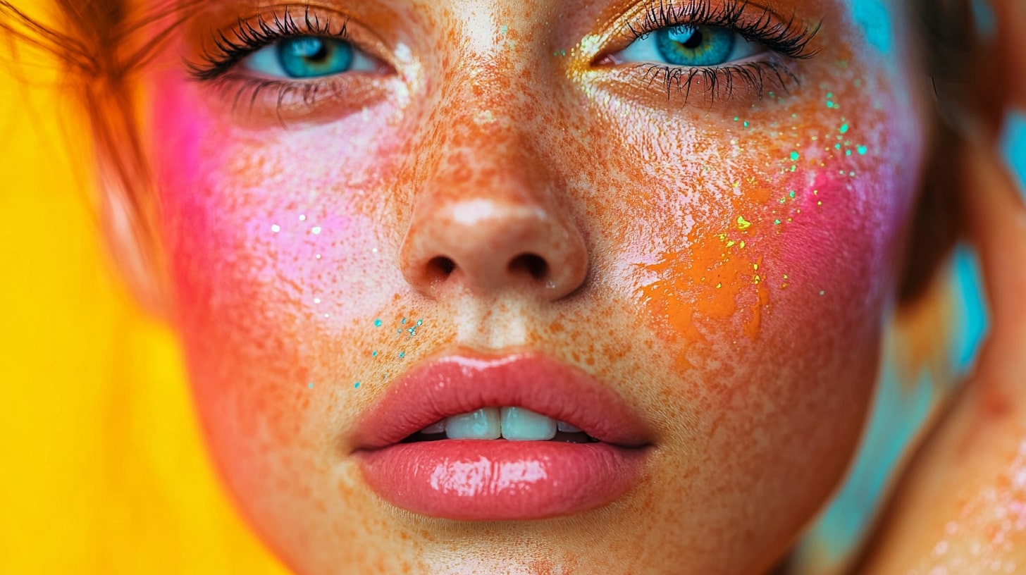 Close-up of a woman's face with colorful makeup, freckles, and glowing skin against a bright yellow background.