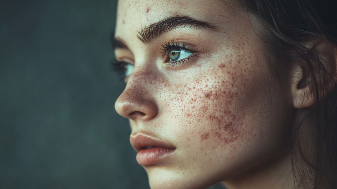 Close-up side profile of a young woman with freckles and acne scars, gazing into the distance