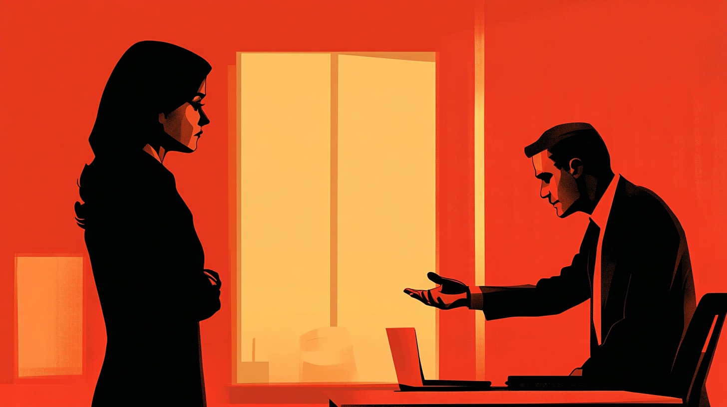 Illustrated depiction of a man in a suit sitting at a desk, gesturing towards a standing woman in a tense conversation, with a bold red and orange background