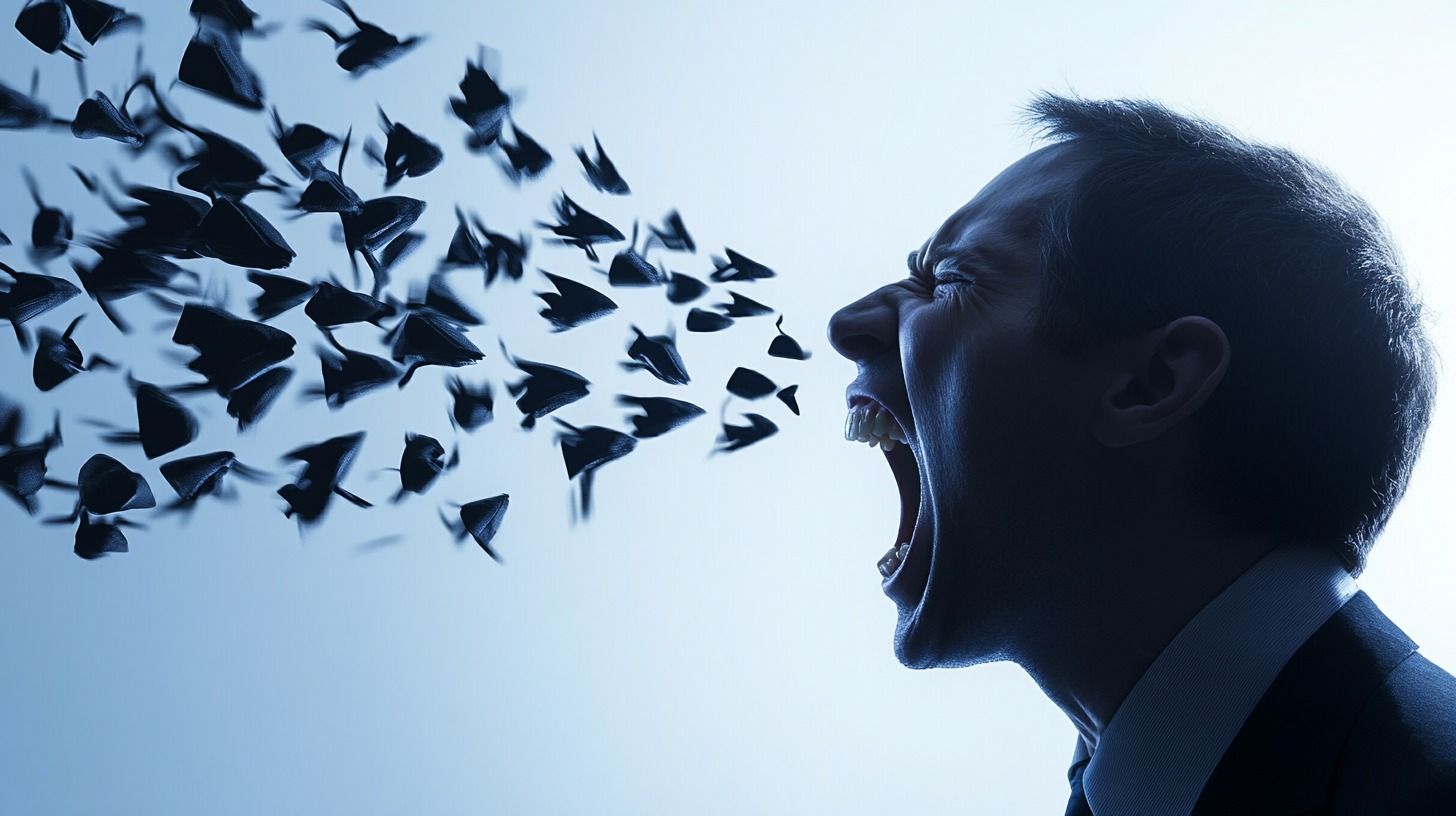 A man in a suit shouting, with dark fragmented shapes emerging from his mouth, symbolizing verbal aggression or anger