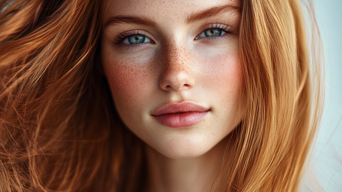 Close-up portrait of a young woman with red hair, blue eyes, and freckles, looking serene