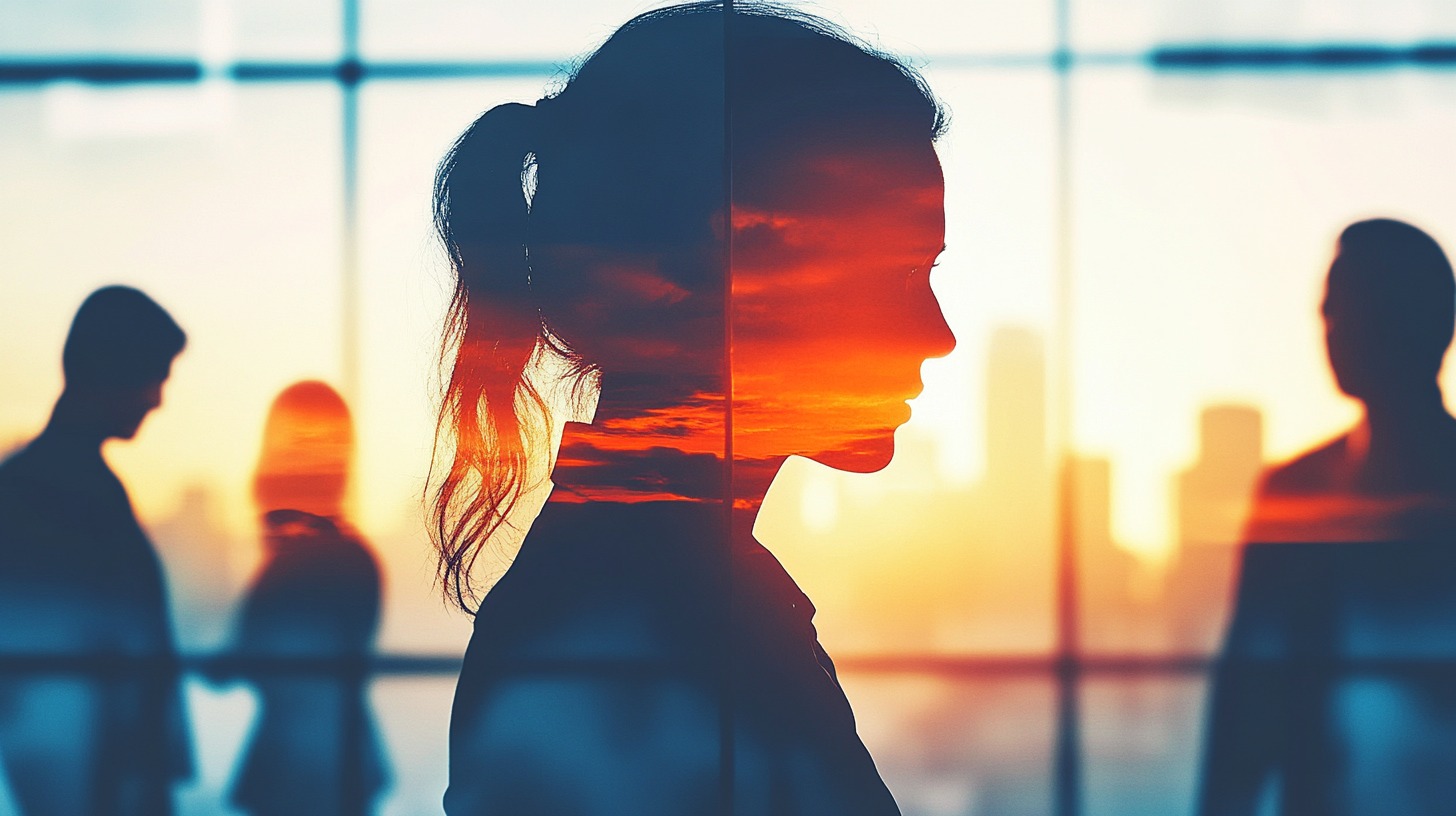 Silhouette of a woman with a sunset overlay, standing in an office setting with blurred figures in the background