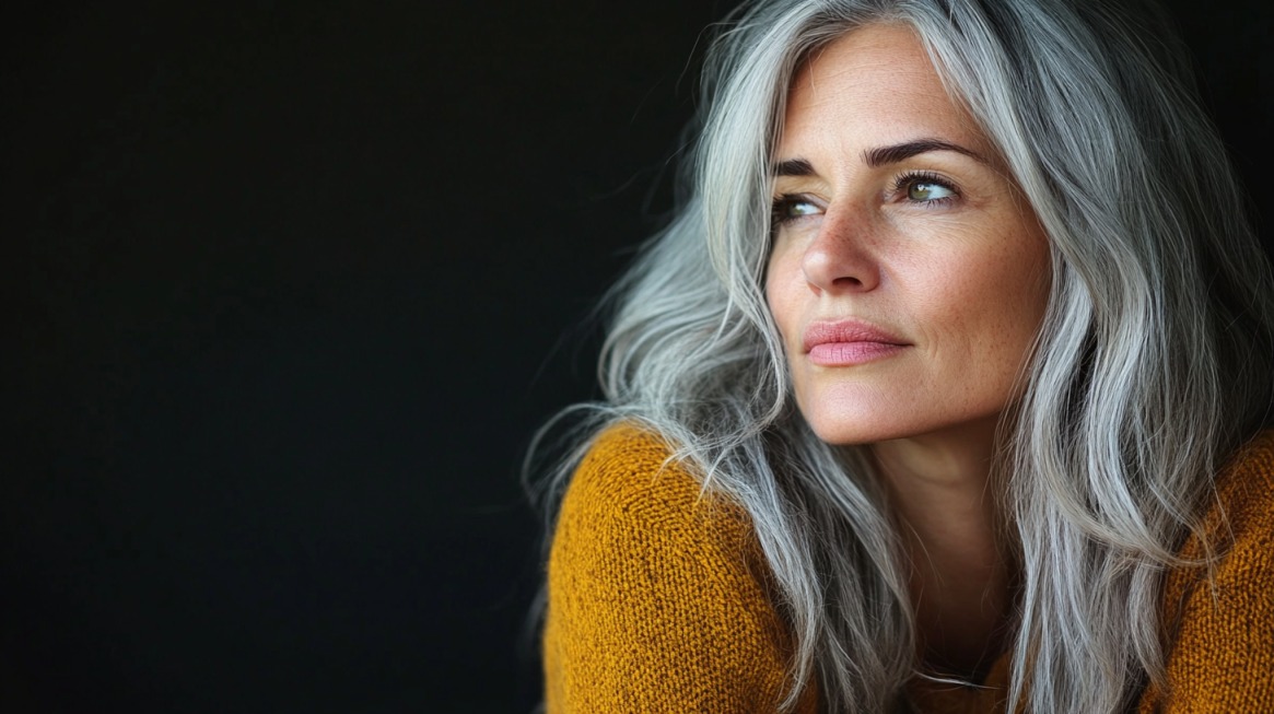 Portrait of a mature woman with long silver hair, wearing a mustard sweater, looking thoughtfully into the distance