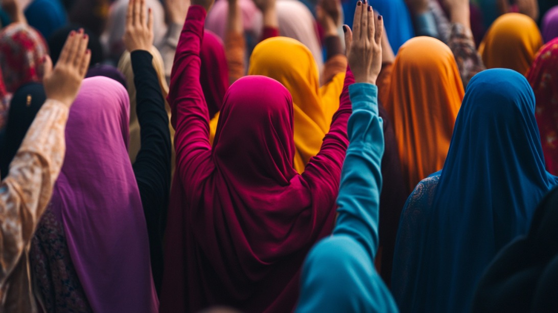 Back view of a group of Muslim women wearing colorful hijabs with hands raised, symbolizing participation or protest