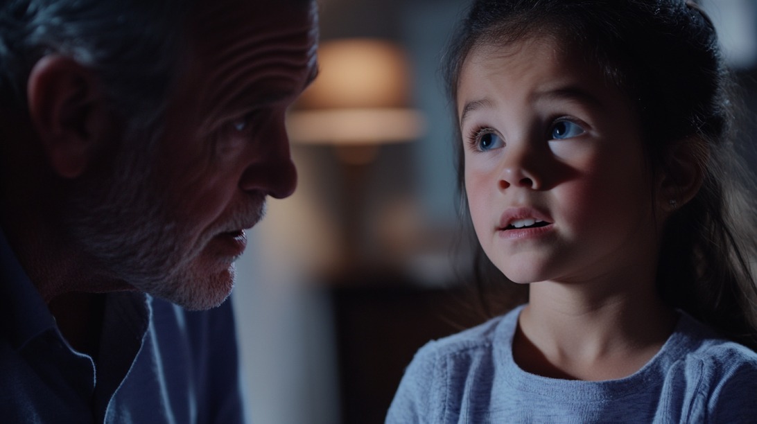 A concerned adult talking to a young girl indoors