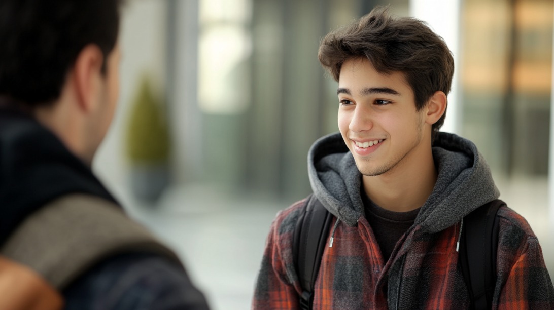 Teenage boy smiling and talking to someone outdoors