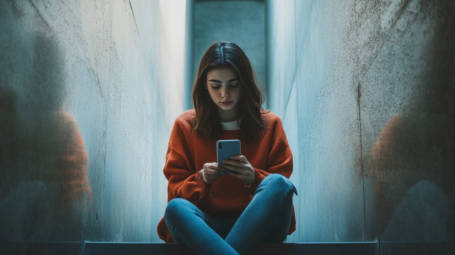 Teenage girl sitting alone in a hallway, looking at her phone with a serious expression