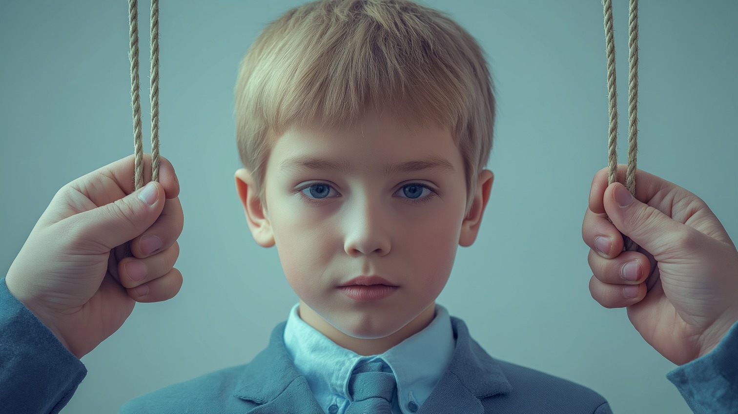 Young boy in a suit being controlled by strings held by hands