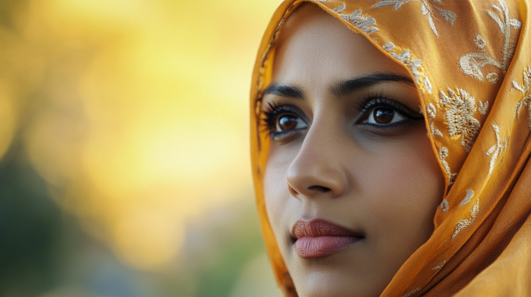 Portrait of a young Muslim woman in an ornate orange hijab looking forward confidently with a soft, blurred golden background