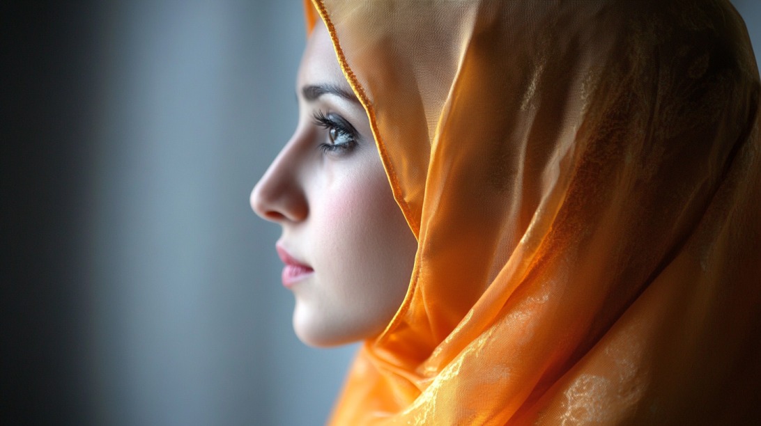 Side profile of a young Muslim woman wearing a sheer golden hijab, looking thoughtfully out of frame with soft lighting