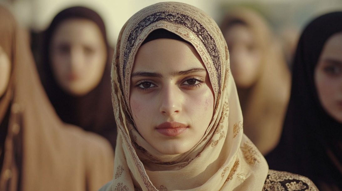 Close-up portrait of a young Muslim woman in a beige and gold hijab, standing confidently among other women wearing hijabs