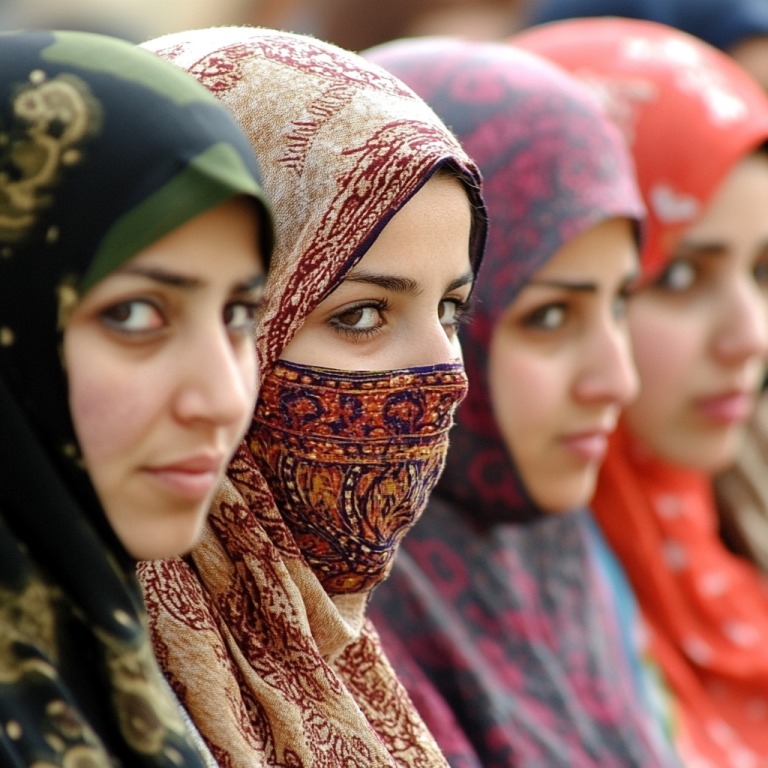 Close-up of several young Muslim women wearing colorful and patterned hijabs, one with a partially covered face, seated in a line