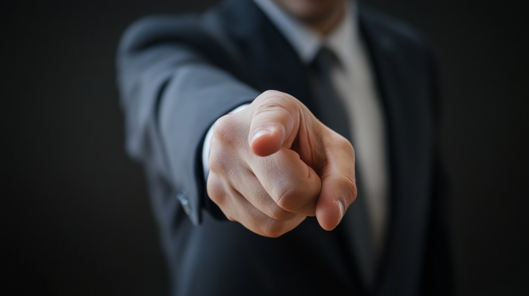 Close-up of a man in a suit pointing directly at the camera, symbolizing accusation or blame