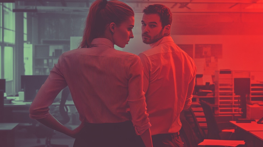 Man and woman in an office environment with a tense, suspicious atmosphere highlighted by red lighting