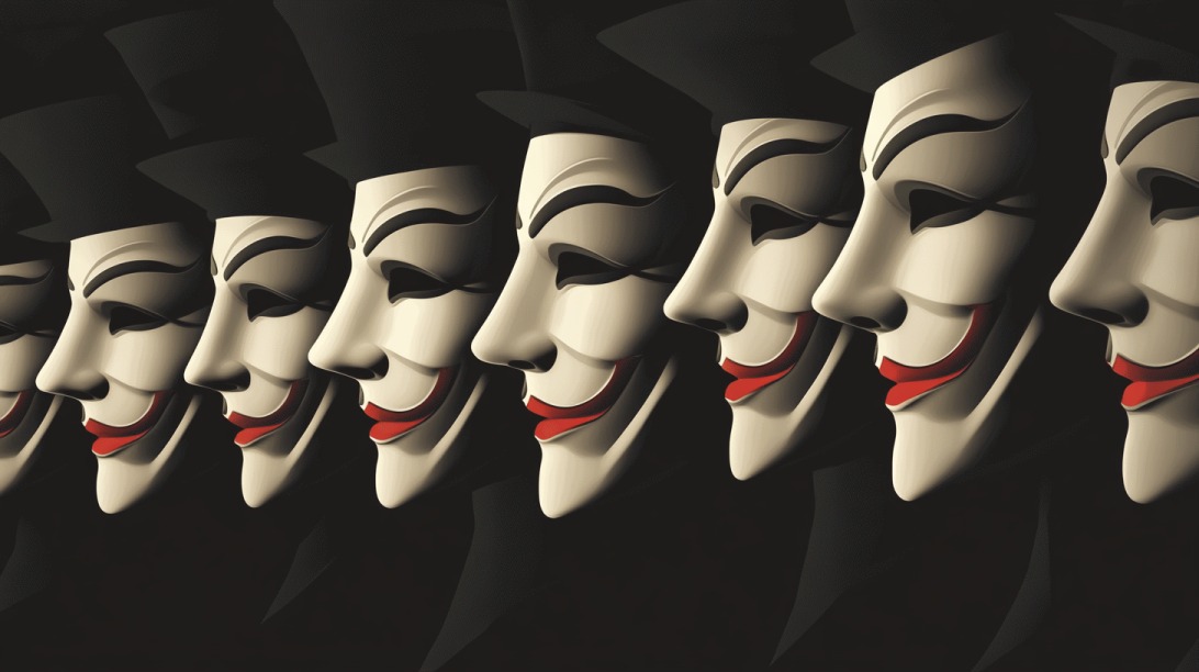 A row of identical Guy Fawkes-style masks symbolizing anonymity and collective identity