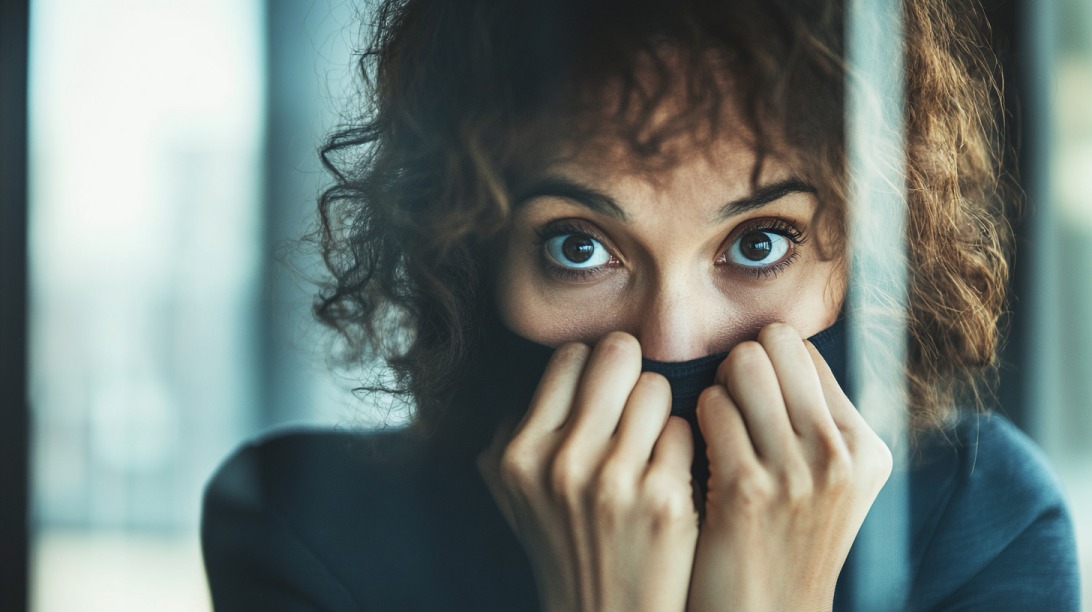 A woman with wide, anxious eyes partially covers her face with her sweater, conveying vulnerability and fear