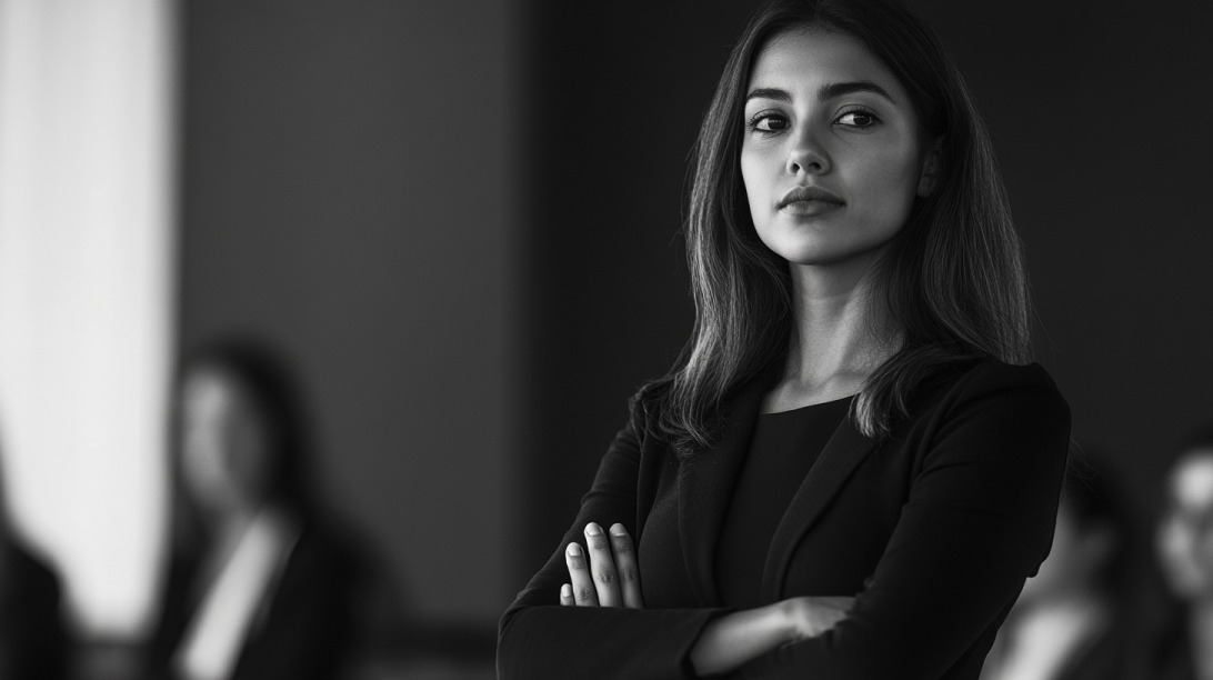 Confident woman in professional attire standing with arms crossed in a workplace setting