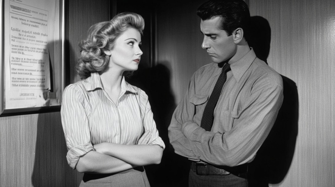 Black and white image of a man and woman in professional attire standing face-to-face with crossed arms, showing visible tension