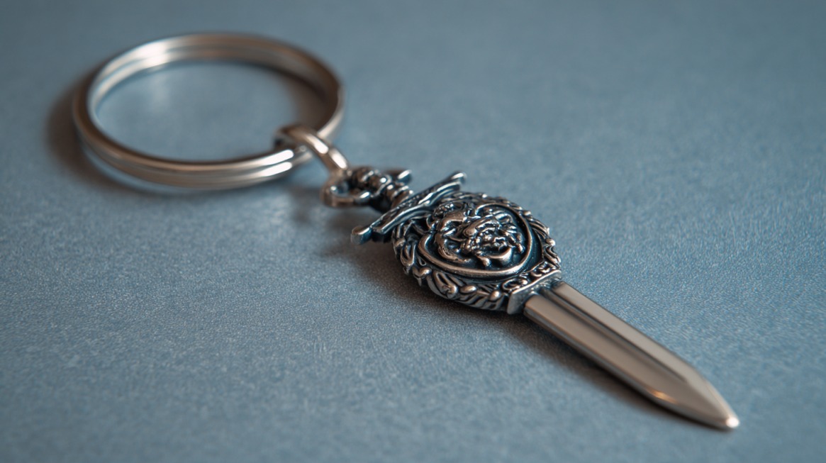 Close-up of a silver keychain shaped like a small ornate sword with a lion crest design on a metallic surface