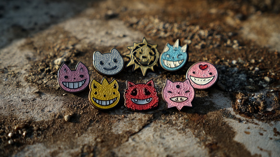 Colorful enamel pins shaped like smiling cartoon faces and creatures arranged on a textured outdoor surface